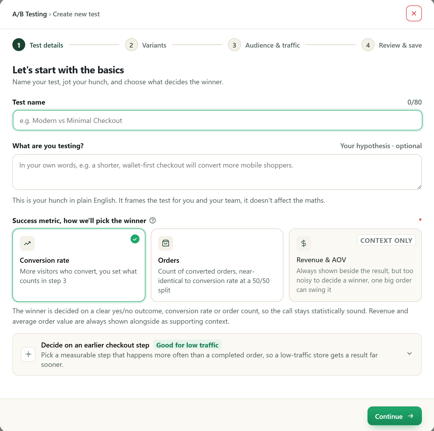 The OptiCheckout A/B testing wizard on step one: naming the test, writing the hypothesis, and choosing conversion rate as the success metric.