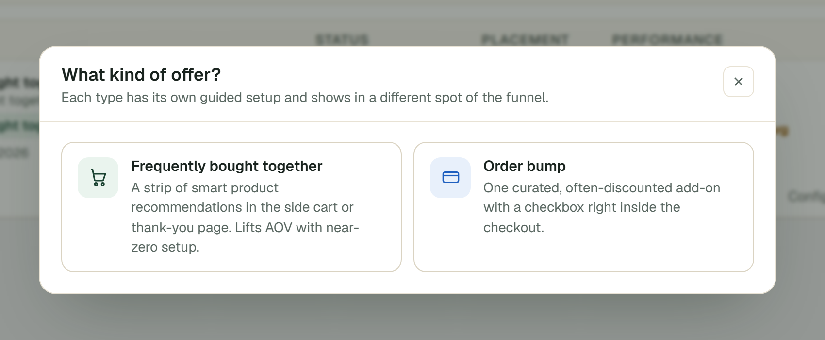 The OptiCheckout Offers screen asking what kind of offer to create: frequently bought together, or an order bump.