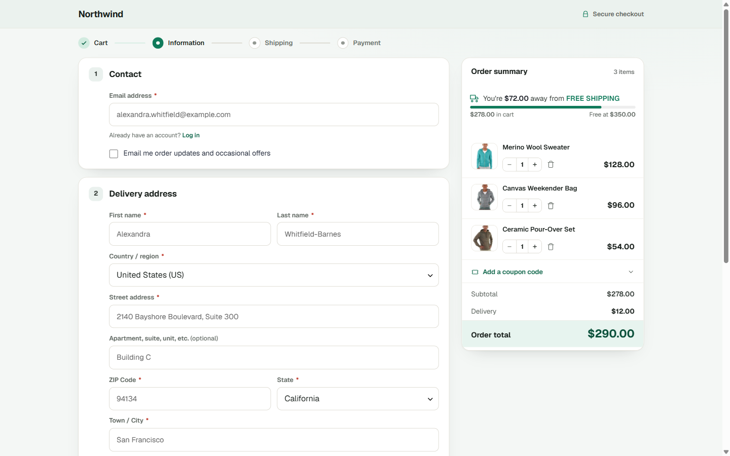 Quay, a roomy multi-step WooCommerce checkout.